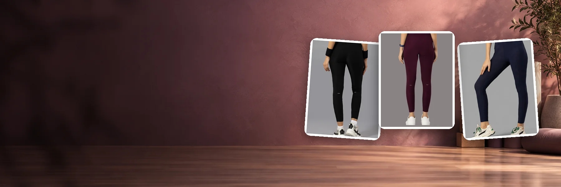 Activewear leggings in black, wine & navy